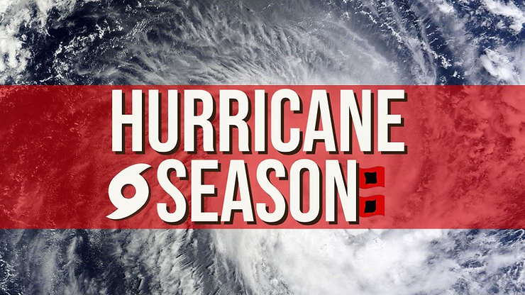 A hurricane seen from space with "HURRICANE SEASON" in bold white letters across a red banner—perfect for highlighting North Carolina storm protection and Roll Shutters.